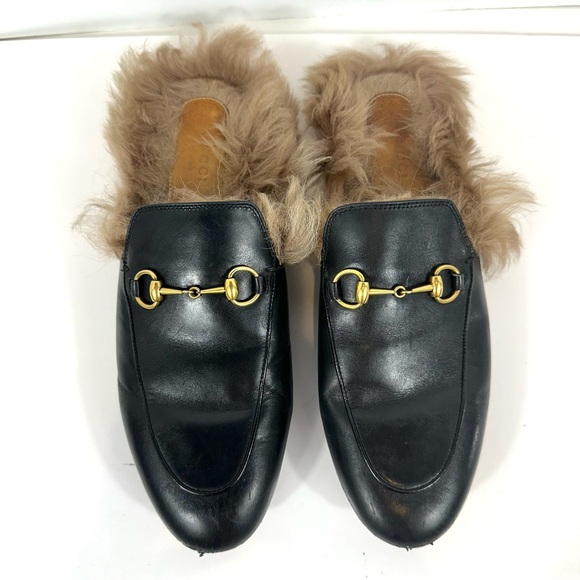Gucci Princeton Black Leather Fur Horsebit Gold Detail Slip On Mules 39.5 US 9.5 - Picture 3 of 15
